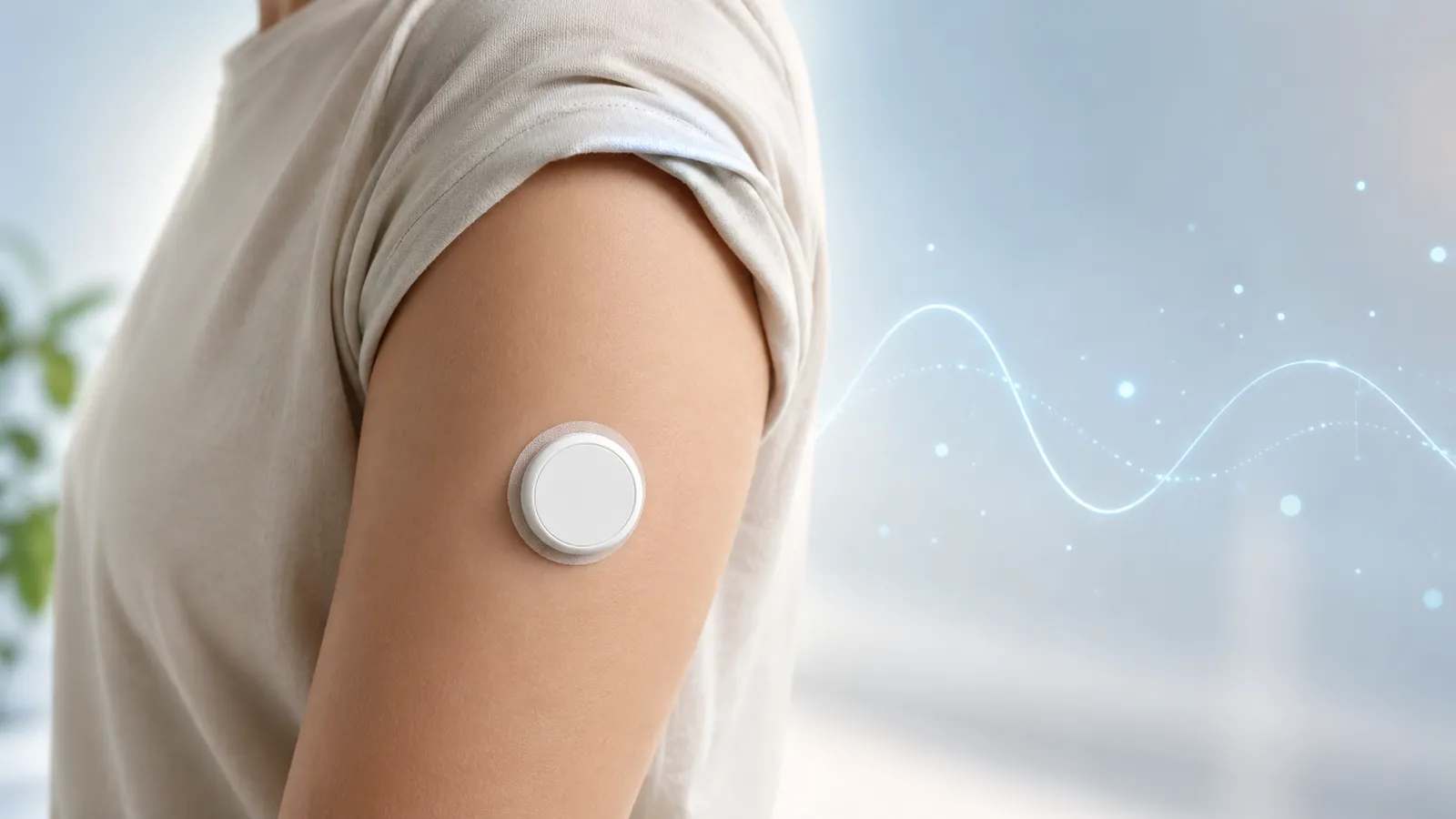 A person wearing a continuous glucose monitor on their arm, with a glucose trend wave