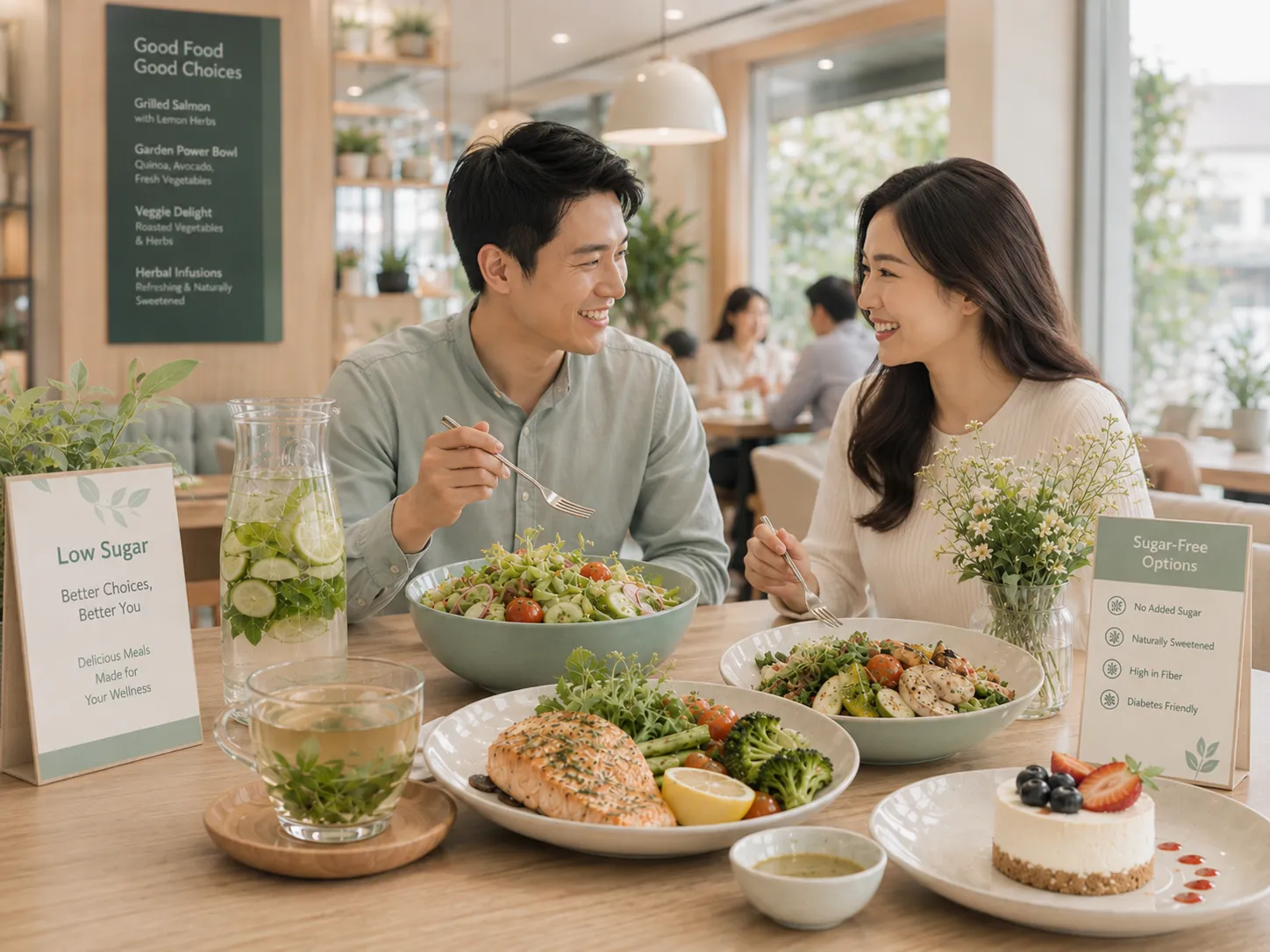 A restaurant table of healthy, low-sugar dishes with healthy-choices signage